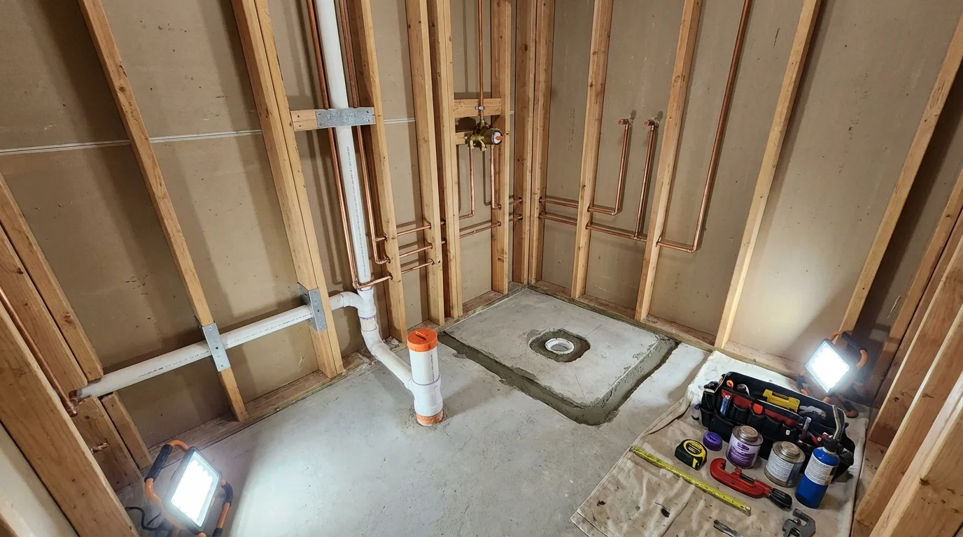 Bathroom rough-in plumbing during remodel by Johns Plumbing LLC in Aviston