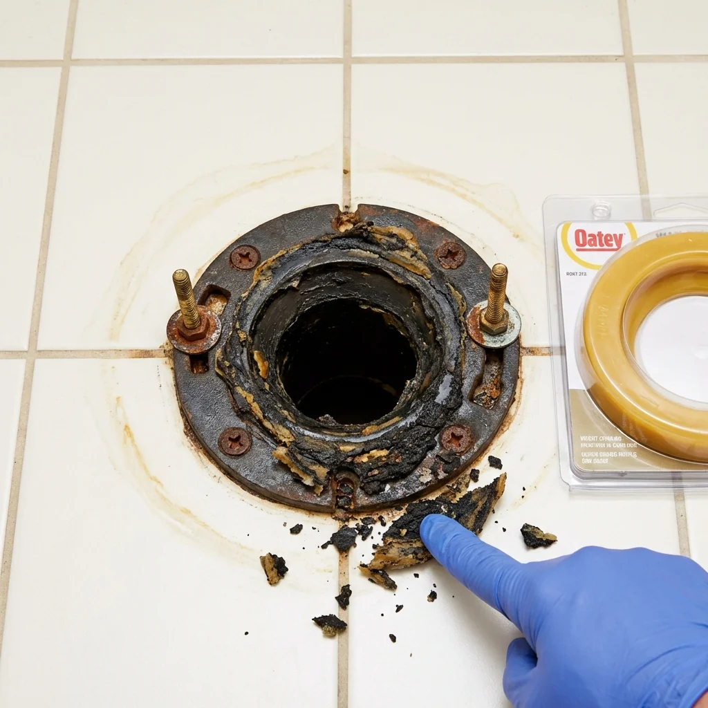 Failed wax ring showing water seepage at the base of a toilet in a Aviston, IL home