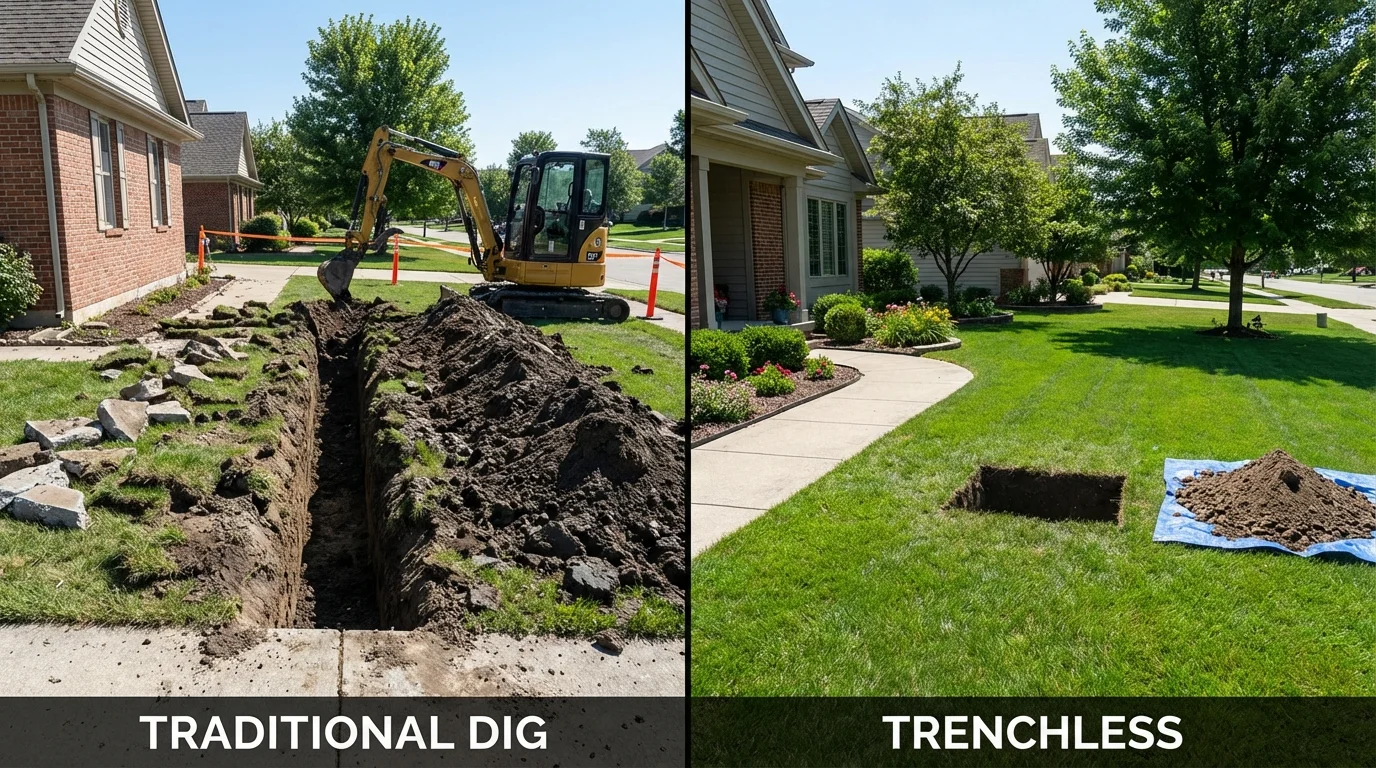 Trenchless sewer repair with minimal yard damage versus traditional excavation in Aviston, IL