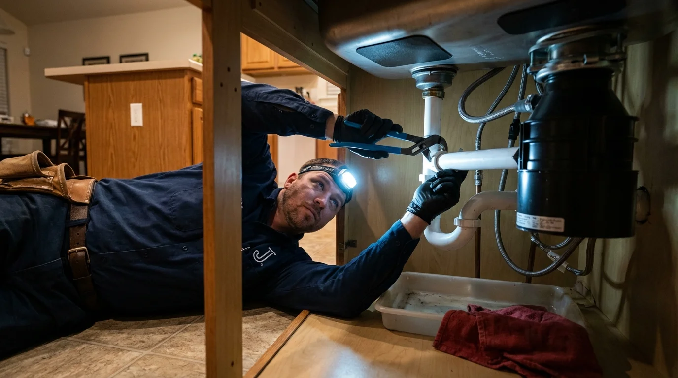 P-trap and supply line connections under a kitchen sink showing a common leak point in Aviston, IL